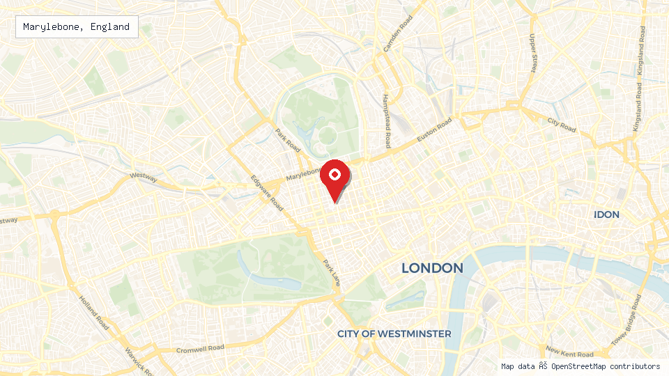 Street map of Marylebone, England with location pin
