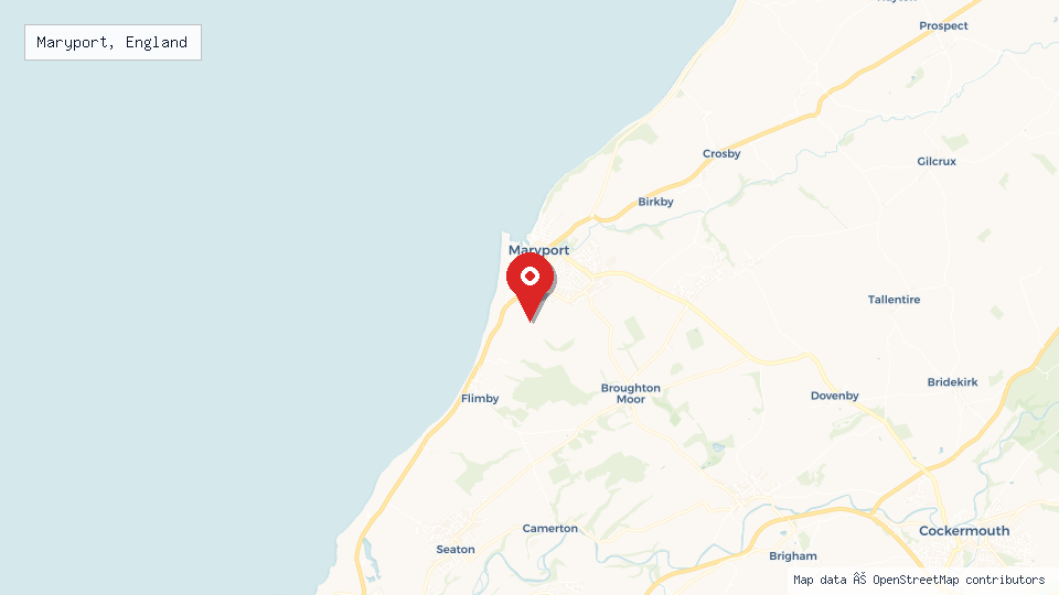 Street map of Maryport, England with location pin