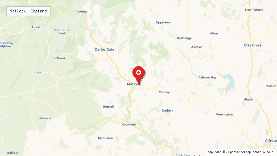 Street map of Matlock, England with location pin