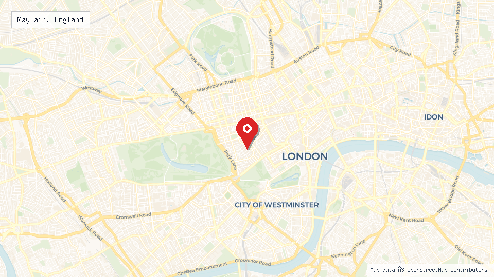 Street map of Mayfair, England with location pin