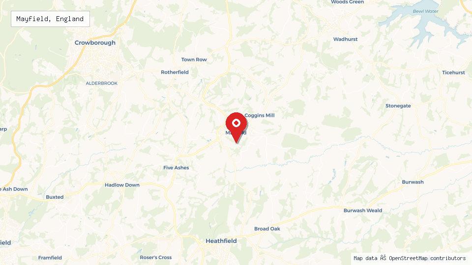 Street map of Mayfield, England with location pin
