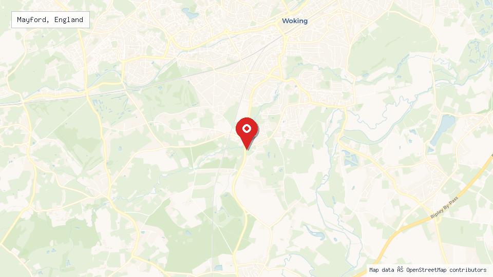 Street map of Mayford, England with location pin