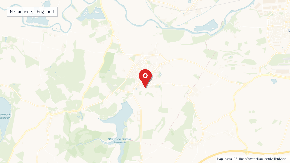 Street map of Melbourne, England with location pin