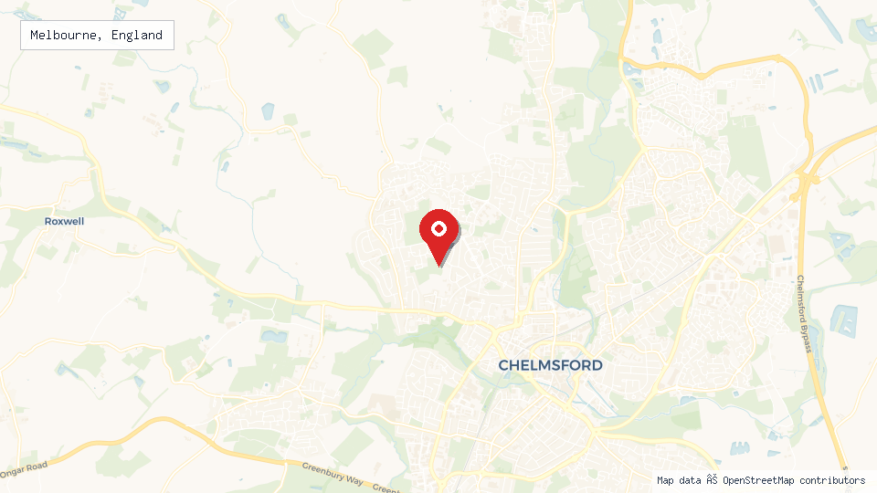 Street map of Melbourne, England with location pin