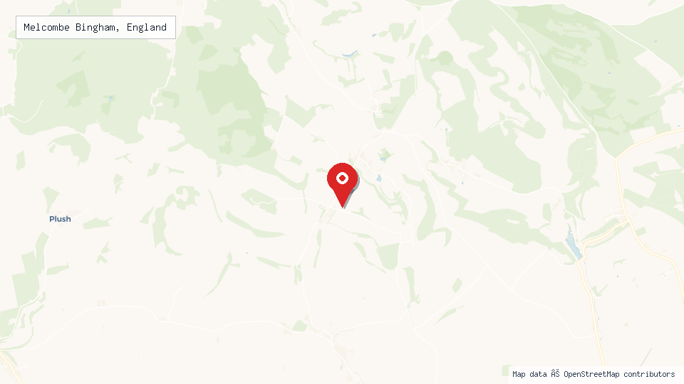 Street map of Melcombe Bingham, England with location pin