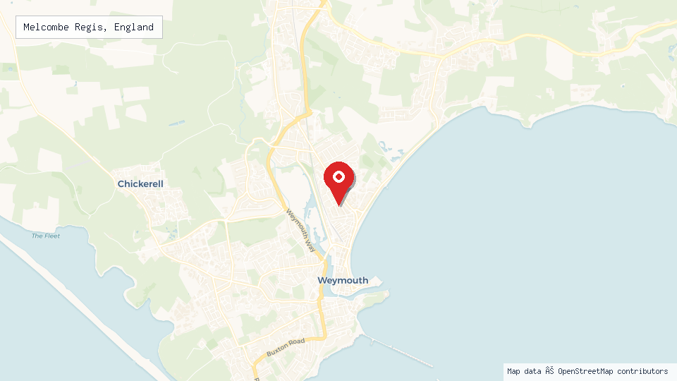 Street map of Melcombe Regis, England with location pin