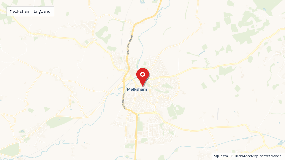 Street map of Melksham, England with location pin