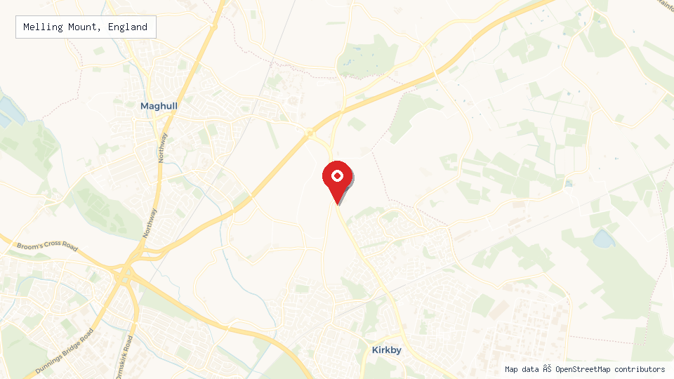 Street map of Melling Mount, England with location pin