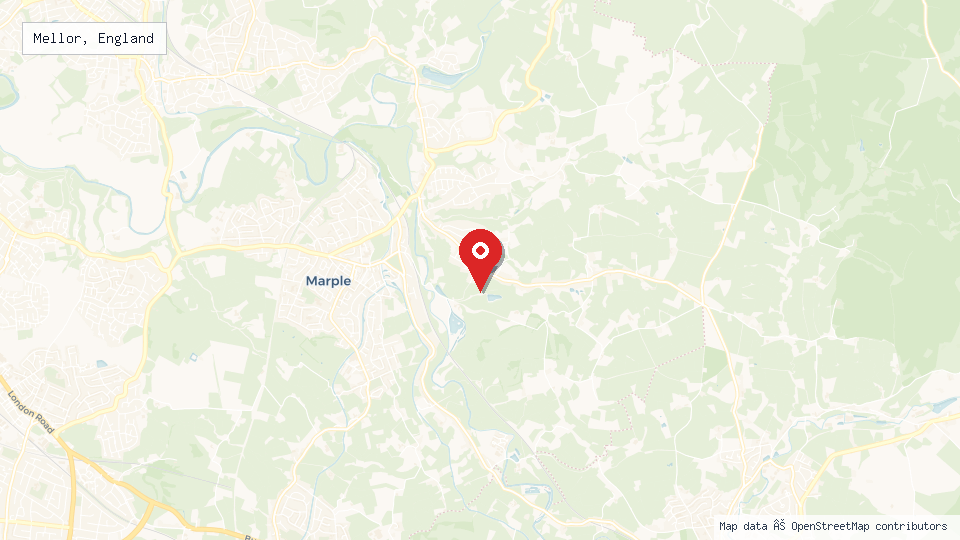 Street map of Mellor, England with location pin