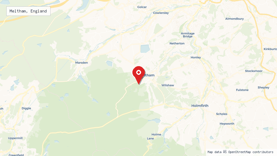 Street map of Meltham, England with location pin