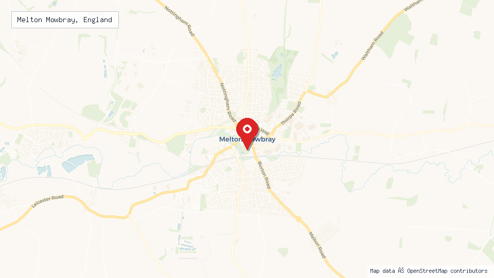 Street map of Melton Mowbray, England with location pin