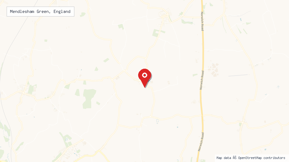 Street map of Mendlesham Green, England with location pin