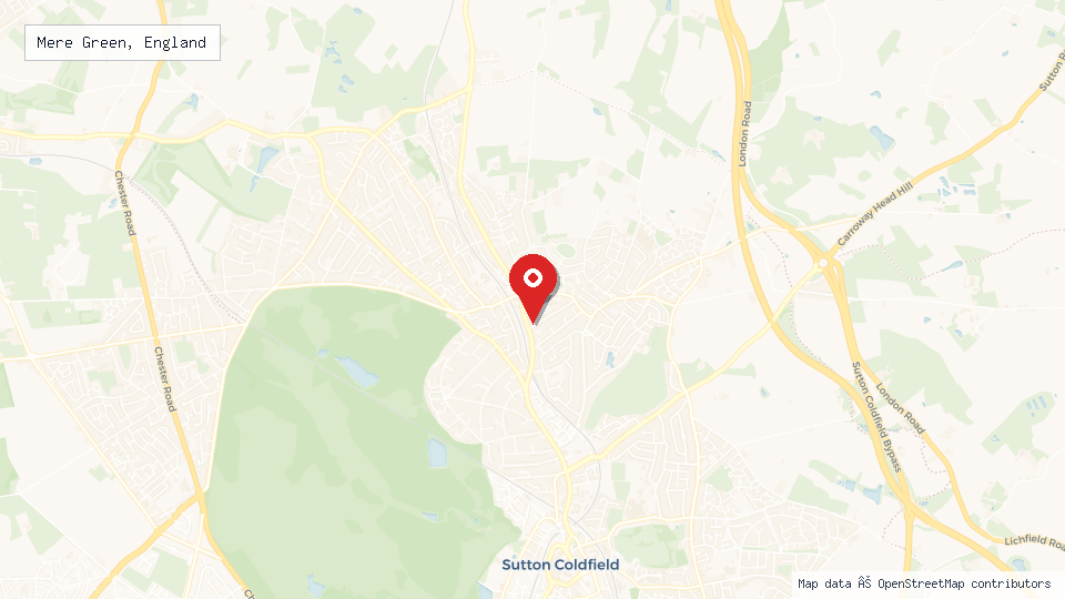 Street map of Mere Green, England with location pin