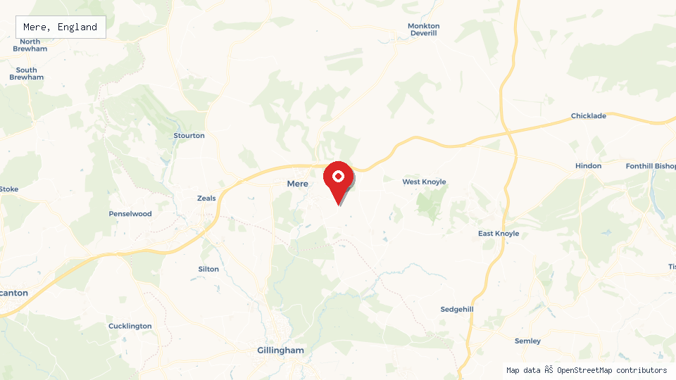 Street map of Mere, England with location pin