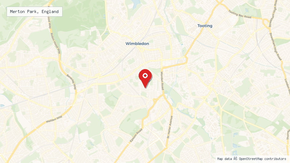 Street map of Merton Park, England with location pin