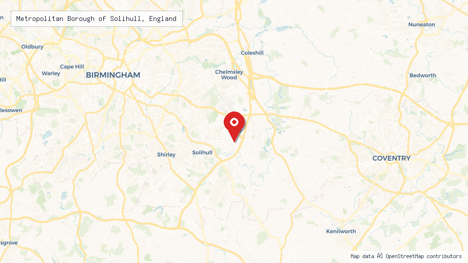 Street map of Metropolitan Borough of Solihull, England with location pin