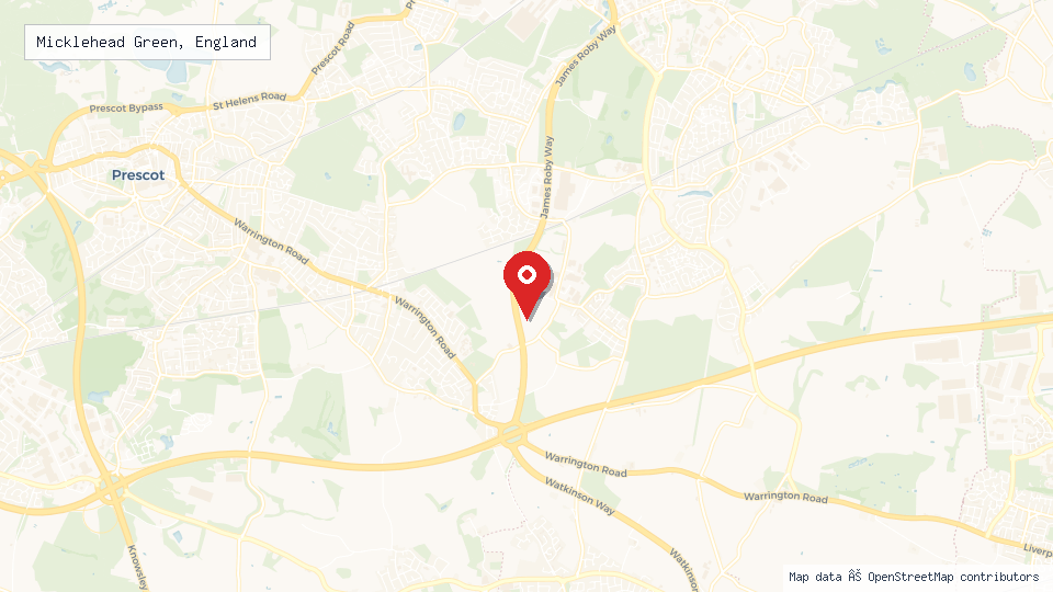 Street map of Micklehead Green, England with location pin