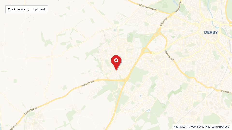 Street map of Mickleover, England with location pin