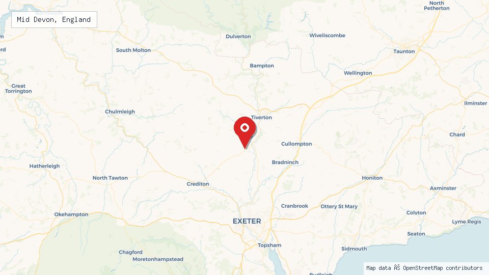 Street map of Mid Devon, England with location pin