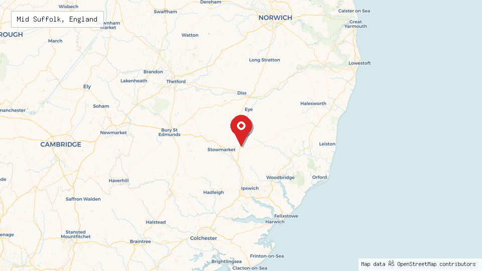 Street map of Mid Suffolk, England with location pin