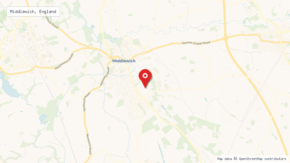 Street map of Middlewich, England with location pin