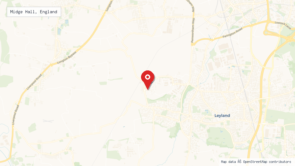 Street map of Midge Hall, England with location pin