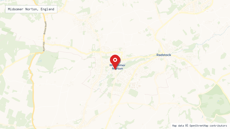 Street map of Midsomer Norton, England with location pin