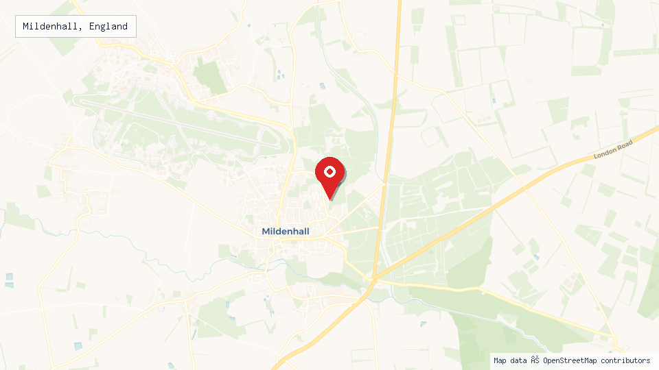 Street map of Mildenhall, England with location pin