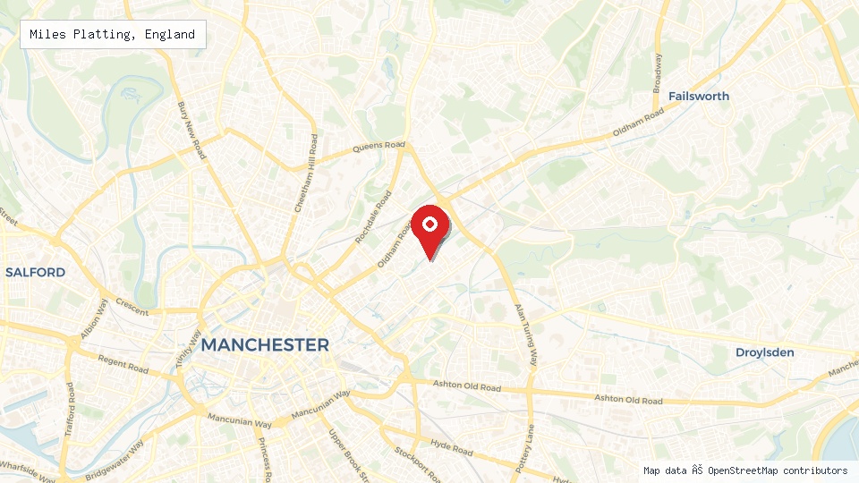 Street map of Miles Platting, England with location pin