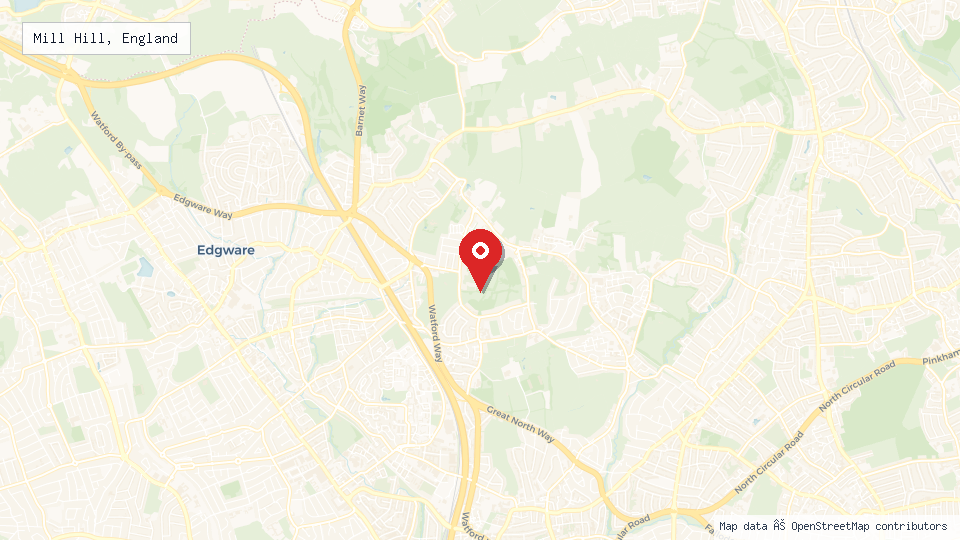 Street map of Mill Hill, England with location pin