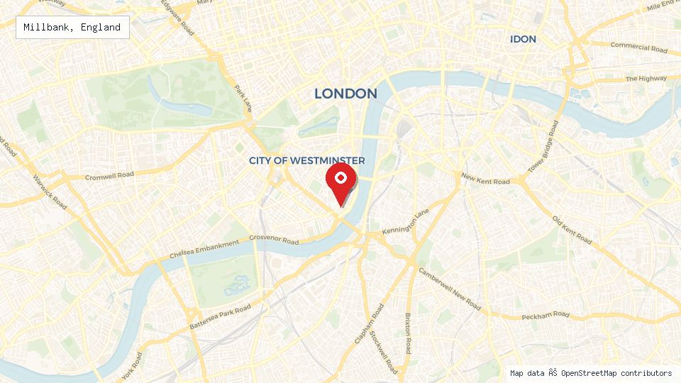 Street map of Millbank, England with location pin