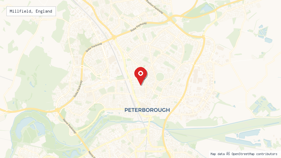 Street map of Millfield, England with location pin
