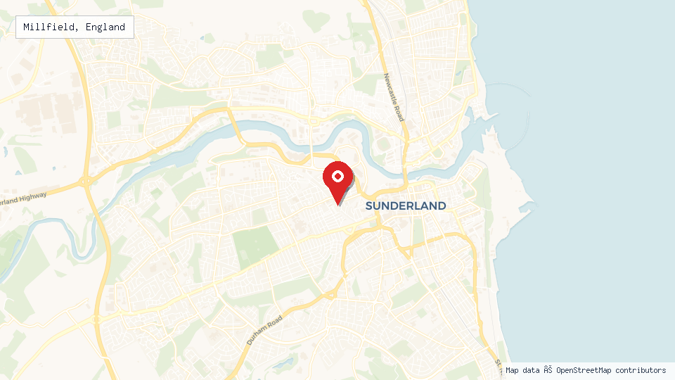 Street map of Millfield, England with location pin