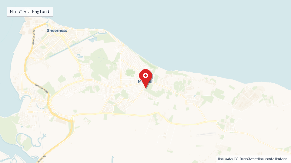 Street map of Minster, England with location pin