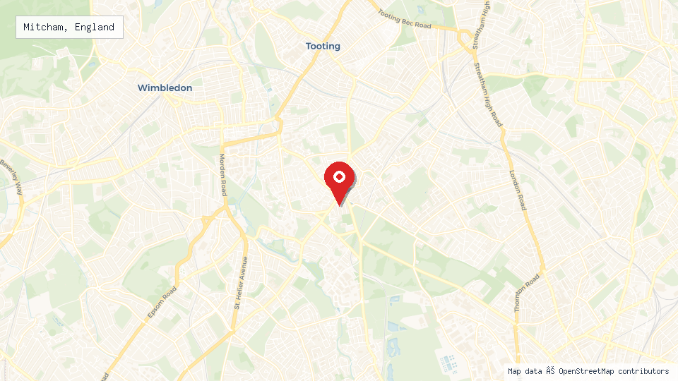 Street map of Mitcham, England with location pin