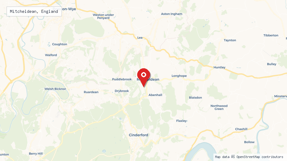Street map of Mitcheldean, England with location pin