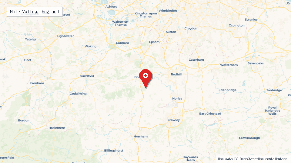 Street map of Mole Valley, England with location pin