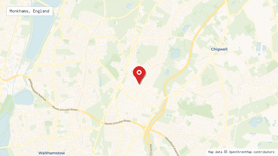 Street map of Monkhams, England with location pin
