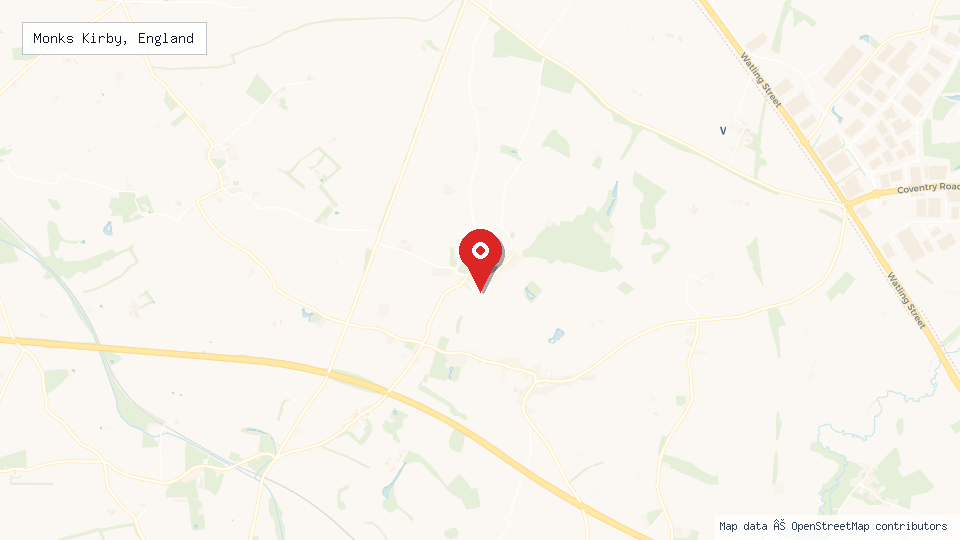 Street map of Monks Kirby, England with location pin