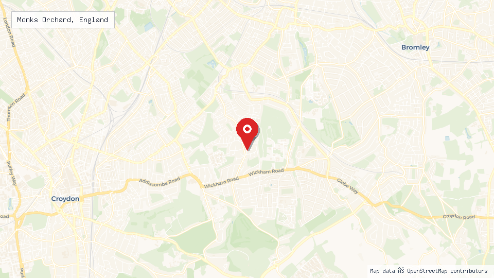 Street map of Monks Orchard, England with location pin