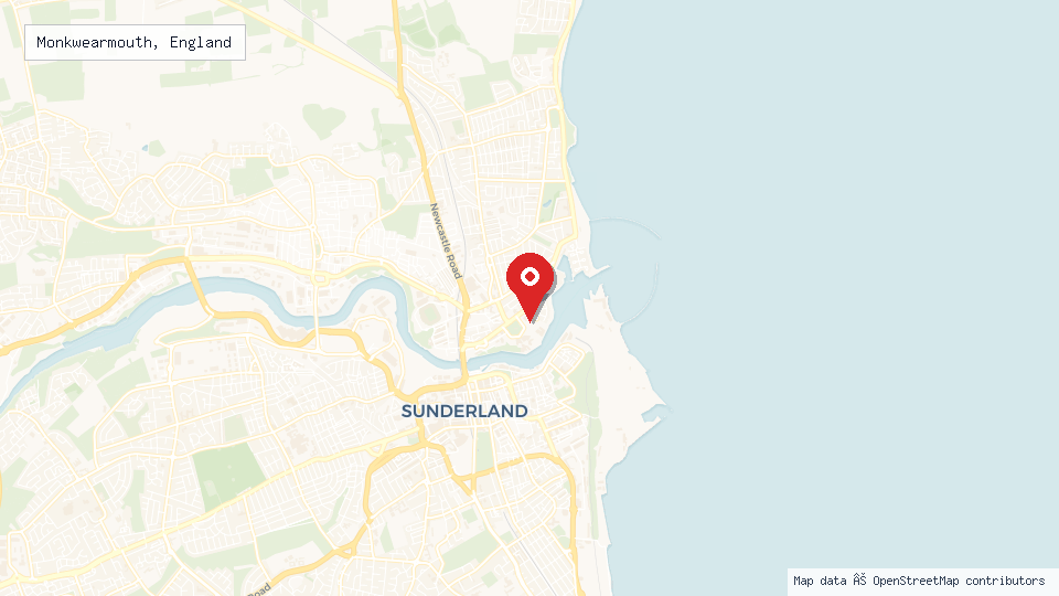 Street map of Monkwearmouth, England with location pin
