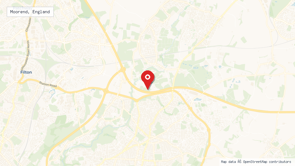 Street map of Moorend, England with location pin
