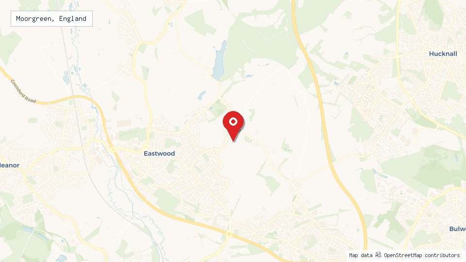 Street map of Moorgreen, England with location pin