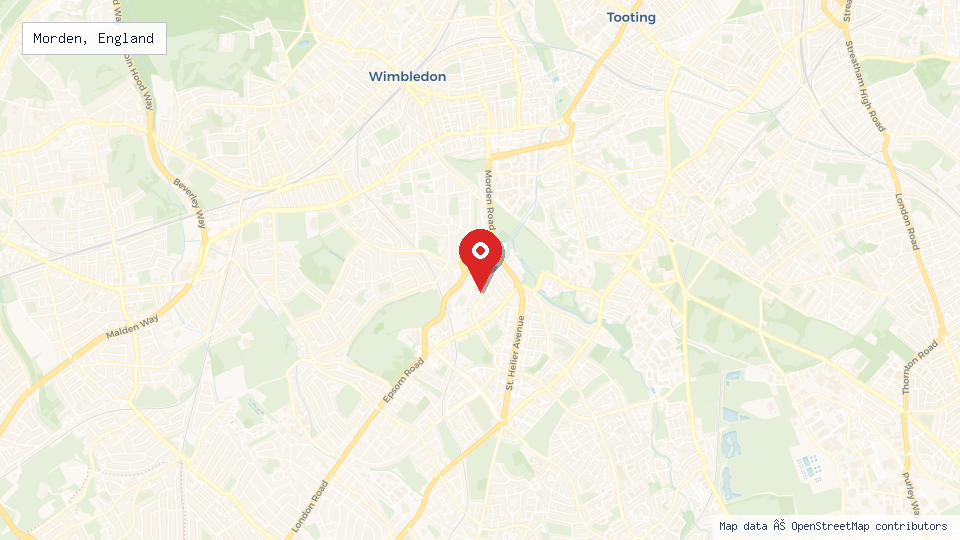 Street map of Morden, England with location pin