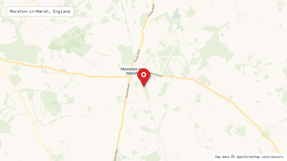 Street map of Moreton-in-Marsh, England with location pin
