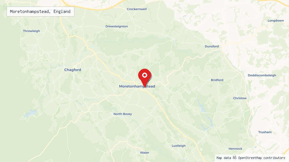 Street map of Moretonhampstead, England with location pin