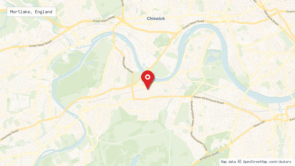 Street map of Mortlake, England with location pin