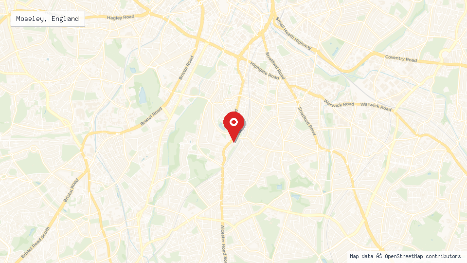 Street map of Moseley, England with location pin
