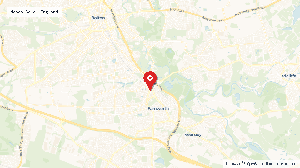 Street map of Moses Gate, England with location pin