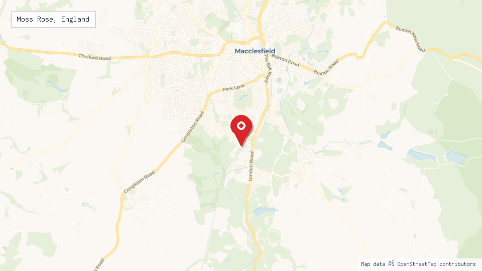 Street map of Moss Rose, England with location pin